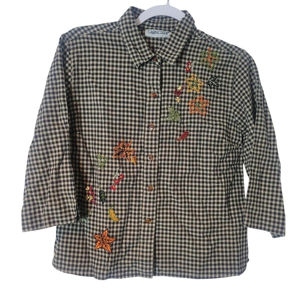 Cabin Creek Petite Small Gingham Embroidered Autumn Leaf Cotton Button Shirt